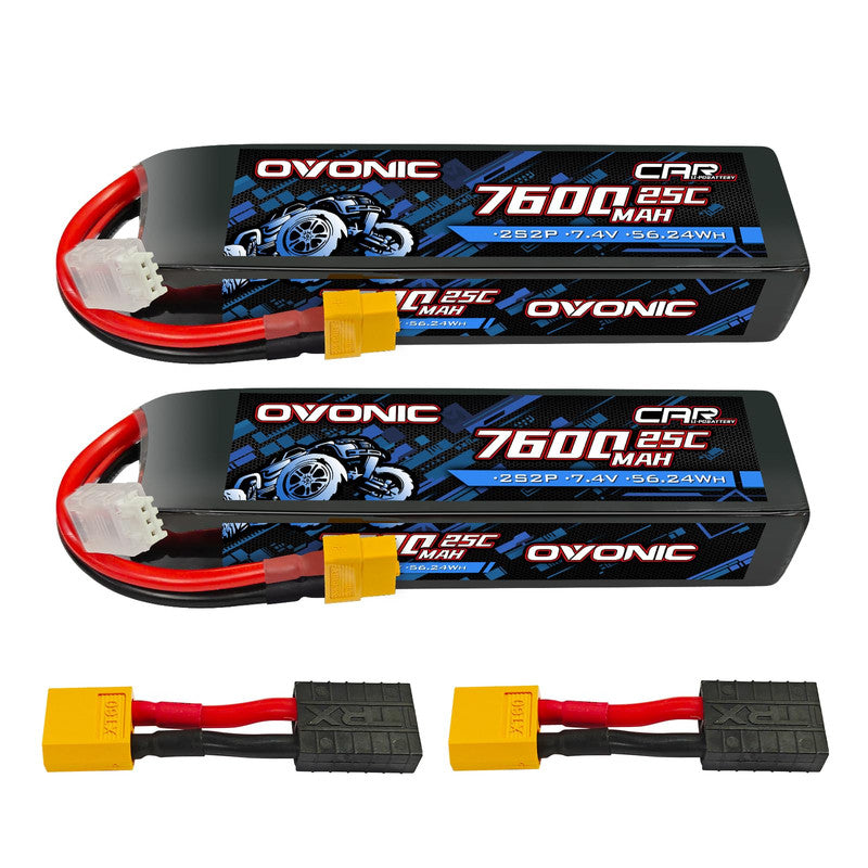 2-Pack Ovonic 2S 7600mAh 7.4V 25C LiPo Battery with TRA Plug for RC Car Truck Airplane