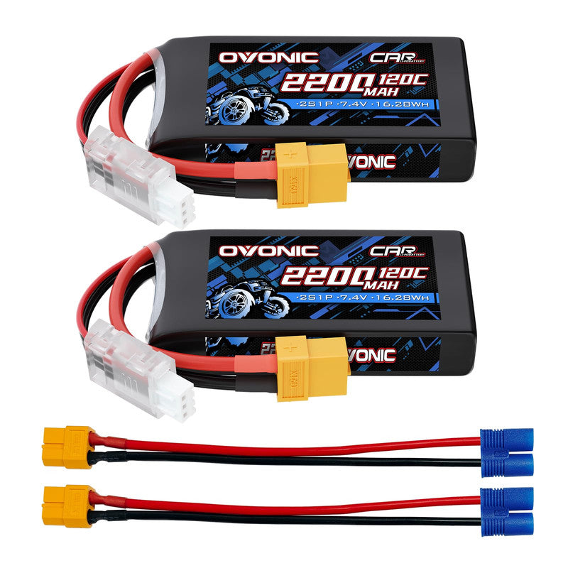 2-Pack Ovonic 2S 2200mAh 7.4V 120C LiPo Battery with XT60 to EC3 Plug for RC Airplane Car