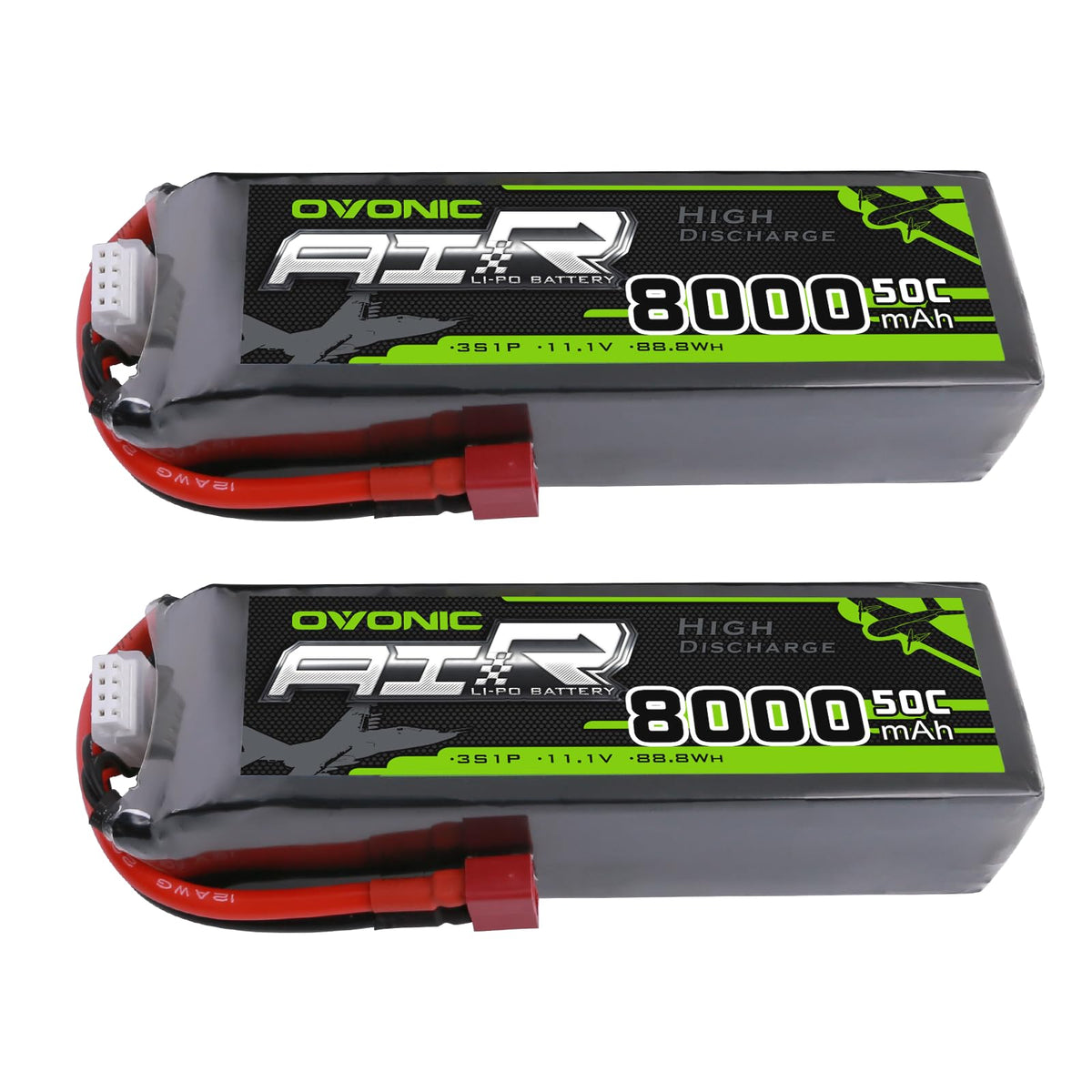 2× Ovonic 3S 8000mAh 50C 11.1V LiPo Battery with Deans Plug for 1/10–1/8 RC Cars, Trucks & Buggies