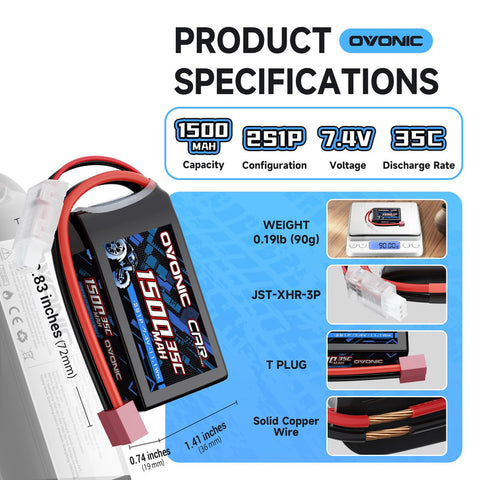2-Pack Ovonic 2S 1500mAh 7.4V 35C Shorty Pack LiPo Battery with Deans T-Plug for RC Car Truck