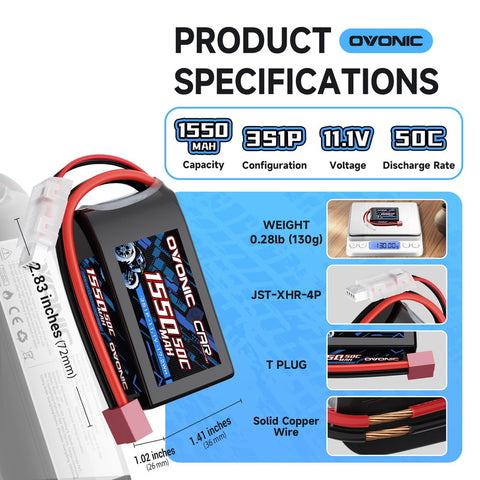 2-Pack Ovonic 3S 1550mAh 11.1V 50C LiPo Battery with Deans-Style T-Plug for 1/14 1/16 RC Car