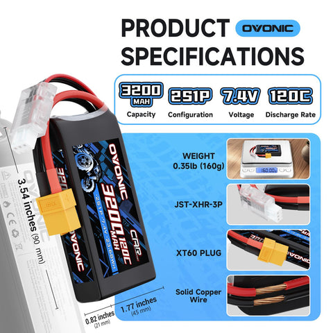 2-Pack Ovonic 2S 3200mAh 7.4V 120C LiPo Battery with XT60 to EC5 Plug for RC Boat Airplane