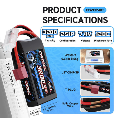 2-Pack Ovonic 2S 3200mAh 7.4V 120C LiPo Battery with Dean-Style T to TRA Plug for RC Truck Car