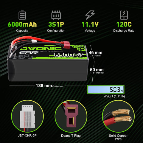 2× Ovonic 14.8V 6500mAh 120C 4S1P Hardcase LiPo Battery Pack with Deans T to TRA Plug Adapter for 1/8 Scale RC Cars, Trucks, and Buggies