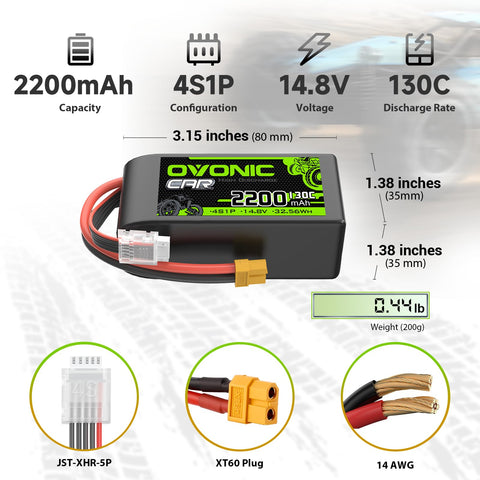 2-Pack Ovonic 4S 2200mAh 14.8V 130C Short LiPo Battery with XT60 Plug for RC Car Airplane Drone