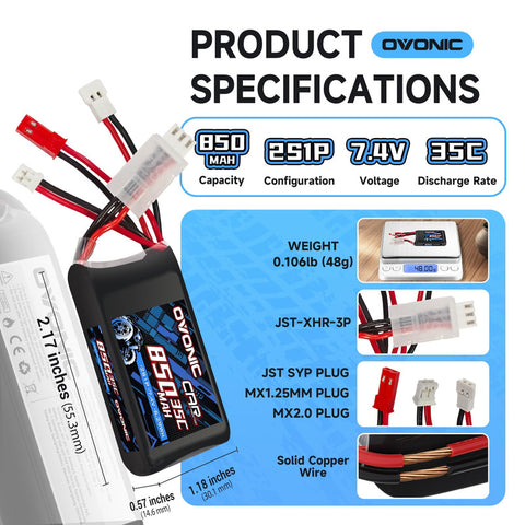 2-Pack Ovonic 2S 850mAh 7.4V 35C LiPo Battery with PH2.0 MX JST Plugs & USB Charger for Mini RC
