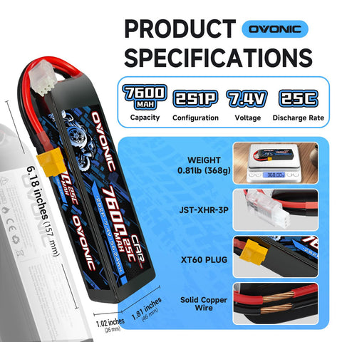 2-Pack Ovonic 2S 7600mAh 7.4V 25C LiPo Battery with TRA Plug for RC Car Truck Airplane