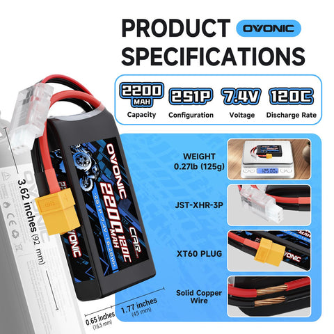 2-Pack Ovonic 2S 2200mAh 7.4V 120C LiPo Battery with XT60 to EC3 Plug for RC Airplane Car