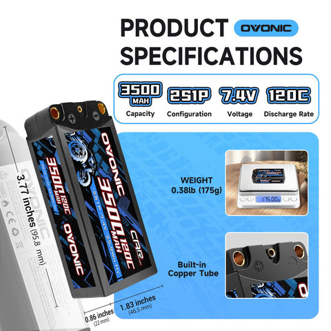 2-Pack Ovonic 2S 3500mAh 7.4V 120C HardCase LiPo Battery with 5.0mm Bullet to T-Plug for RC Car Truck