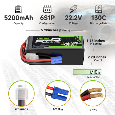 2-Pack OVONIC 6S 5200mAh 22.2V 130C LiPo Battery with EC5 Plug for ARRMA 6S Kraton Mojave 1/8 RC Car EDF Jet Airplane