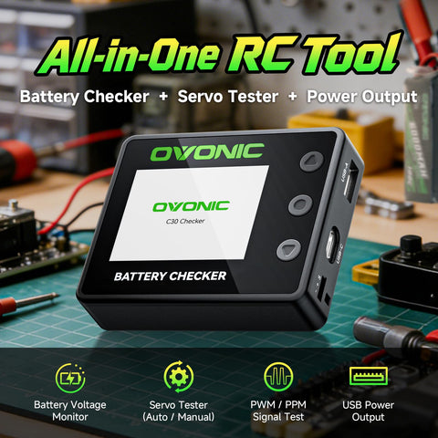 OVONIC C30 Smart Battery Checker, Cell Balancer for 1S-8S LiPo, LiHV, LiFe & Li-ion Batteries, PWM/PPM Servo Tester, 30W USB-C PD & 22.5W USB-A Fast Output
