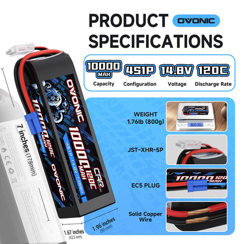 2-Pack Ovonic 4S 10000mAh 14.8V 120C LiPo Battery with EC5 Plug for RC Car Airplane Truck