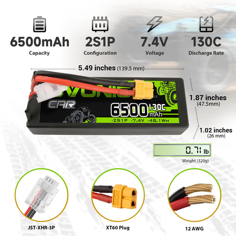 OVONIC 6500mAh 7.4V 130C Hardcase 2S LiPo Battery with XT60 to TRA Plug for 1/10 Scale RC Car Truck RC Vehicles