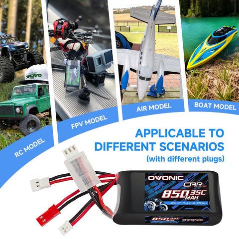 2-Pack Ovonic 2S 850mAh 7.4V 35C LiPo Battery with PH2.0 MX JST Plugs & USB Charger for Mini RC