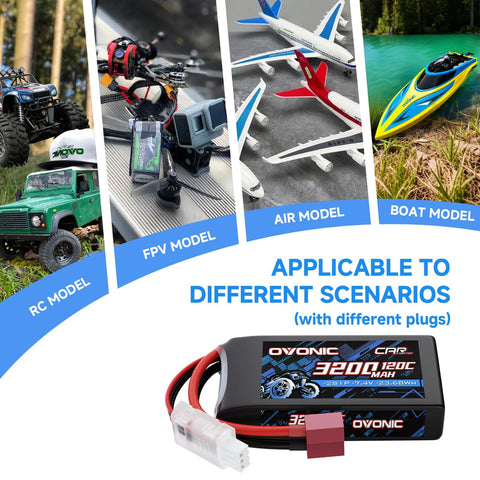 2-Pack Ovonic 2S 3200mAh 7.4V 120C LiPo Battery with Dean-Style T to TRA Plug for RC Truck Car