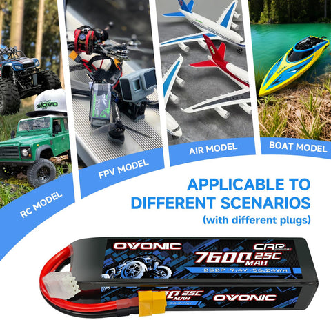 2-Pack Ovonic 2S 7600mAh 7.4V 25C LiPo Battery with TRA Plug for RC Car Truck Airplane