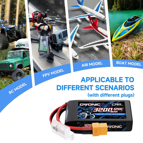 2-Pack Ovonic 2S 3200mAh 7.4V 120C LiPo Battery with XT60 to EC5 Plug for RC Boat Airplane