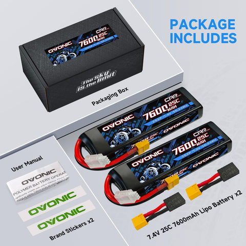 2-Pack Ovonic 2S 7600mAh 7.4V 25C LiPo Battery with TRA Plug for RC Car Truck Airplane