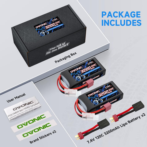 2-Pack Ovonic 2S 3200mAh 7.4V 120C LiPo Battery with Dean-Style T to TRA Plug for RC Truck Car