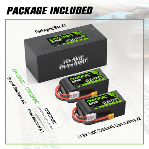 2-Pack Ovonic 4S 2200mAh 14.8V 130C Short LiPo Battery with XT60 Plug for RC Car Airplane Drone