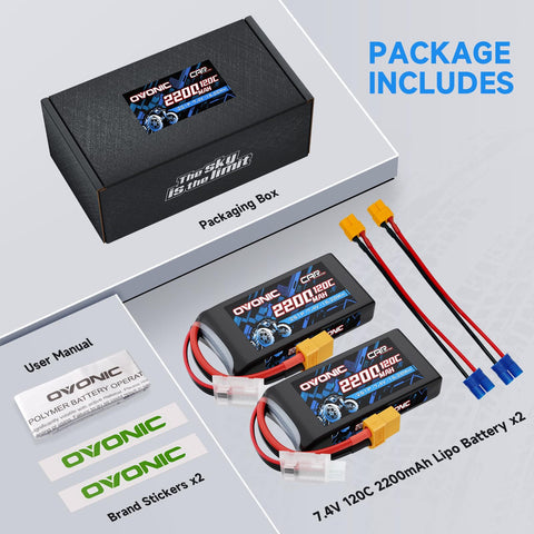 2-Pack Ovonic 2S 2200mAh 7.4V 120C LiPo Battery with XT60 to EC3 Plug for RC Airplane Car