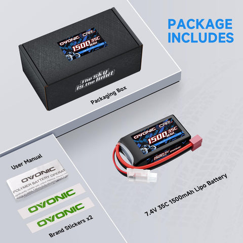 2-Pack Ovonic 2S 1500mAh 7.4V 35C Shorty Pack LiPo Battery with Deans T-Plug for RC Car Truck