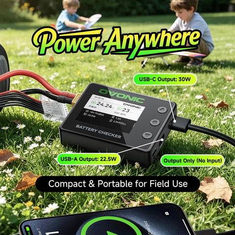 OVONIC C30 Smart Battery Checker, Cell Balancer for 1S-8S LiPo, LiHV, LiFe & Li-ion Batteries, PWM/PPM Servo Tester, 30W USB-C PD & 22.5W USB-A Fast Output