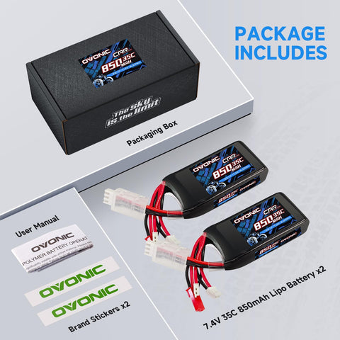 2-Pack Ovonic 2S 850mAh 7.4V 35C LiPo Battery with PH2.0 MX JST Plugs & USB Charger for Mini RC