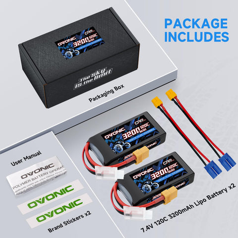 2-Pack Ovonic 2S 3200mAh 7.4V 120C LiPo Battery with XT60 to EC5 Plug for RC Boat Airplane