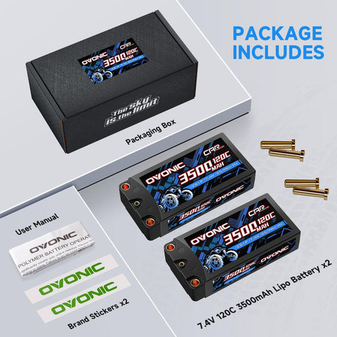 2-Pack Ovonic 2S 3500mAh 7.4V 120C HardCase LiPo Battery with 5.0mm Bullet to T-Plug for RC Car Truck