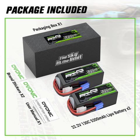 2-Pack OVONIC 6S 5200mAh 22.2V 130C LiPo Battery with EC5 Plug for ARRMA 6S Kraton Mojave 1/8 RC Car EDF Jet Airplane