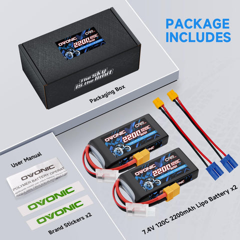 2-Pack Ovonic 2S 2200mAh 7.4V 120C LiPo Battery with XT60 to EC5 Plug for RC Boat Airplane