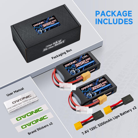 2-Pack Ovonic 2S 3200mAh 7.4V 120C LiPo Battery with XT60 to TRA Plug for RC Truck Car