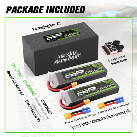 2 x OVONIC 11.1V 120C 5000mAh 3S Lipo Battery with EC5 Plug & Lipo Voltage Checker for 1/8 & 1/10 Scale RC Car Truck Boat RC Airplane Helicopter RC Vehicles