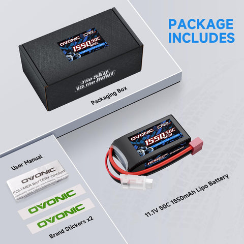 2-Pack Ovonic 3S 1550mAh 11.1V 50C LiPo Battery with Deans-Style T-Plug for 1/14 1/16 RC Car