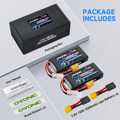 2-Pack Ovonic 2S 2200mAh 7.4V 120C LiPo Battery with XT60 to TRA Plug for RC Truck Airplane
