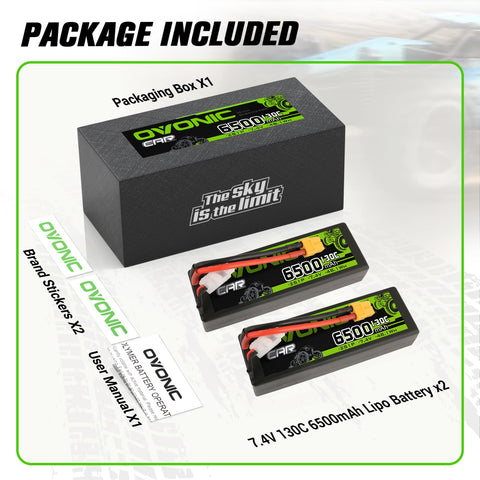 OVONIC 6500mAh 7.4V 130C Hardcase 2S LiPo Battery with XT60 to TRA Plug for 1/10 Scale RC Car Truck RC Vehicles