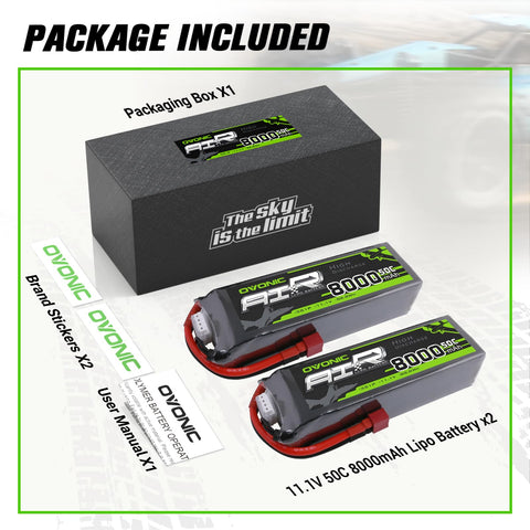2× Ovonic 3S 8000mAh 50C 11.1V LiPo Battery with Deans Plug for 1/10–1/8 RC Cars, Trucks & Buggies