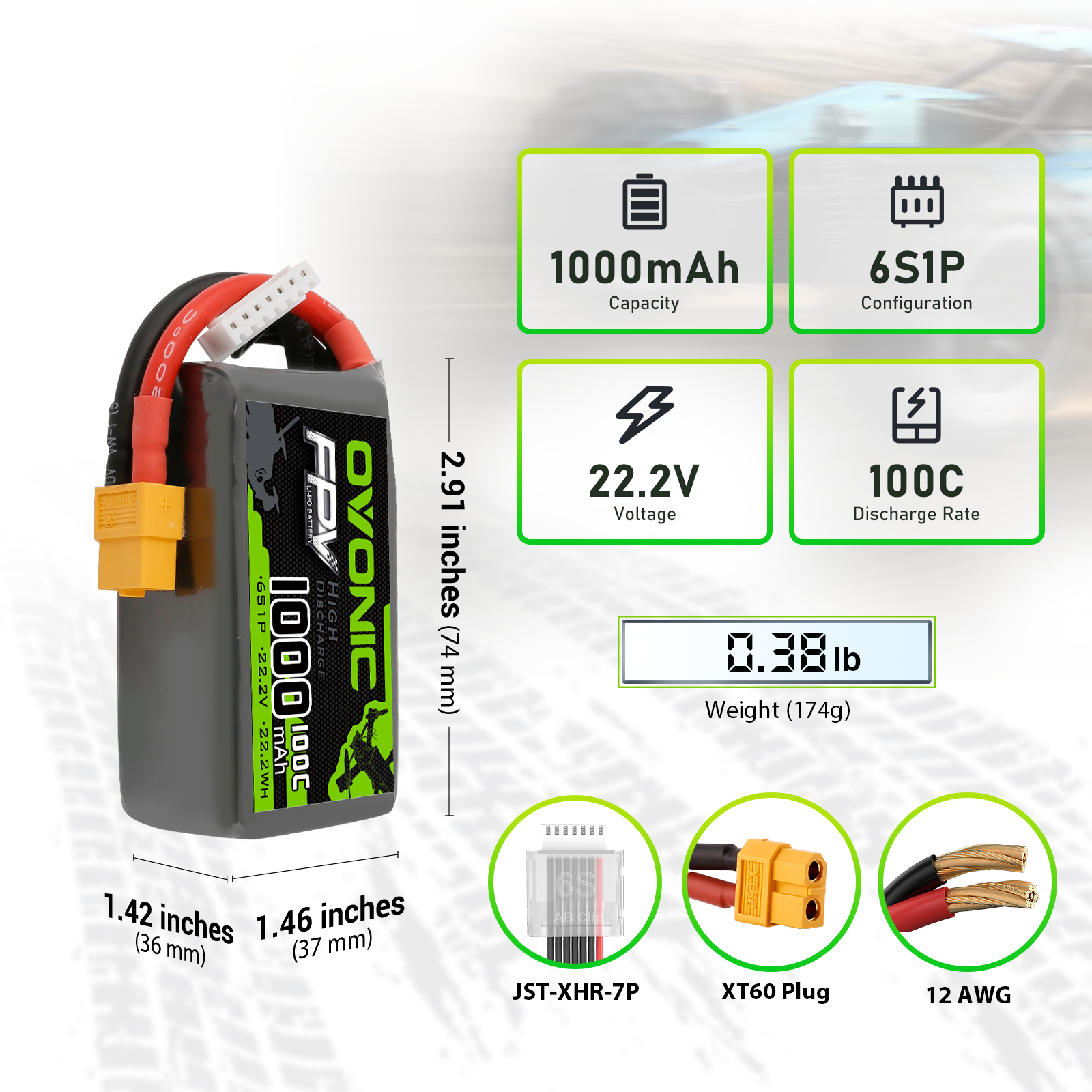2×OVONIC 22.2V 100C 1000mAh 6S LiPo Battery Pack with XT60 Plug for Freestyle