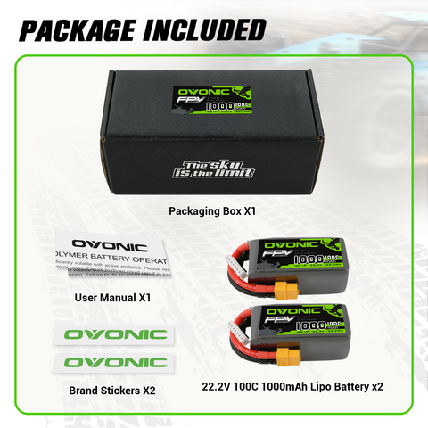 2×OVONIC 22.2V 100C 1000mAh 6S LiPo Battery Pack with XT60 Plug for Freestyle