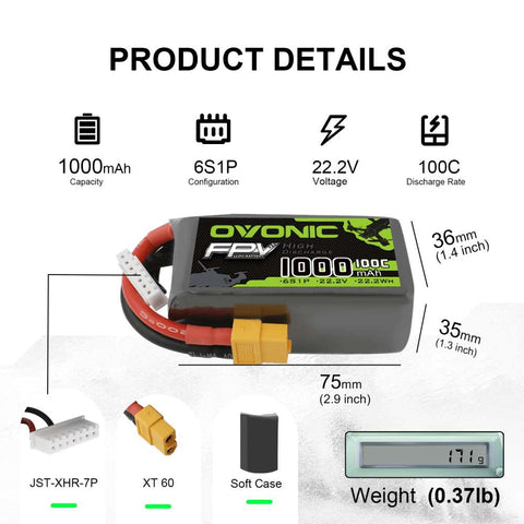 4×OVONIC 6S LiPo Battery Pack 1000mAh 100C 22.2V with XT60 Plug for Freestyle Drone