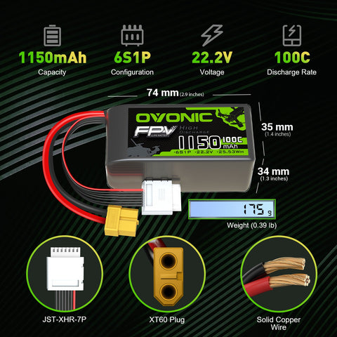 2×Ovonic 100C 6S 1150mAh 22.2V LiPo Battery for FPV - XT60 Plug