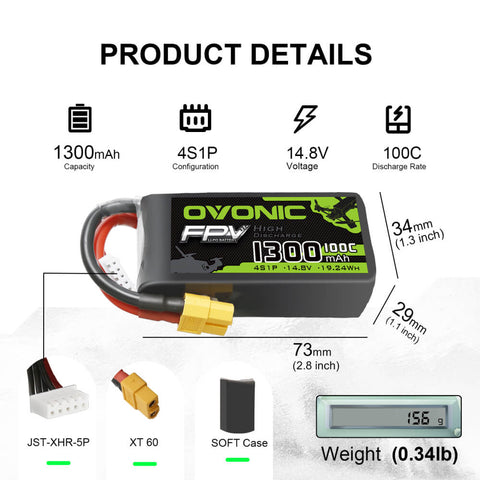 4×Ovonic 4S LiPo Battery Pack 300mAh 100C 14.8V with XT60 Plug for mini racing drone