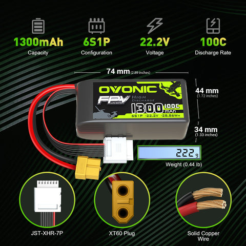 2×OVONIC 100C 6S 1300mAh LiPo Battery 22.2V Pack with XT60 Plug for Freestyle