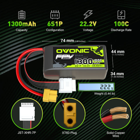 4×Ovonic 6S LiPo Battery Pack 1300mAh 100C 22.2V with XT60 Plug