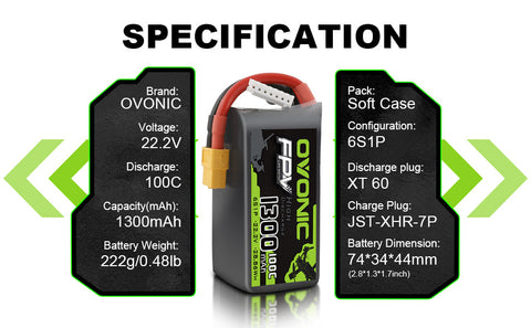 4×Ovonic 6S LiPo Battery Pack 1300mAh 100C 22.2V with XT60 Plug for Airplane FPV Freestyle Drone