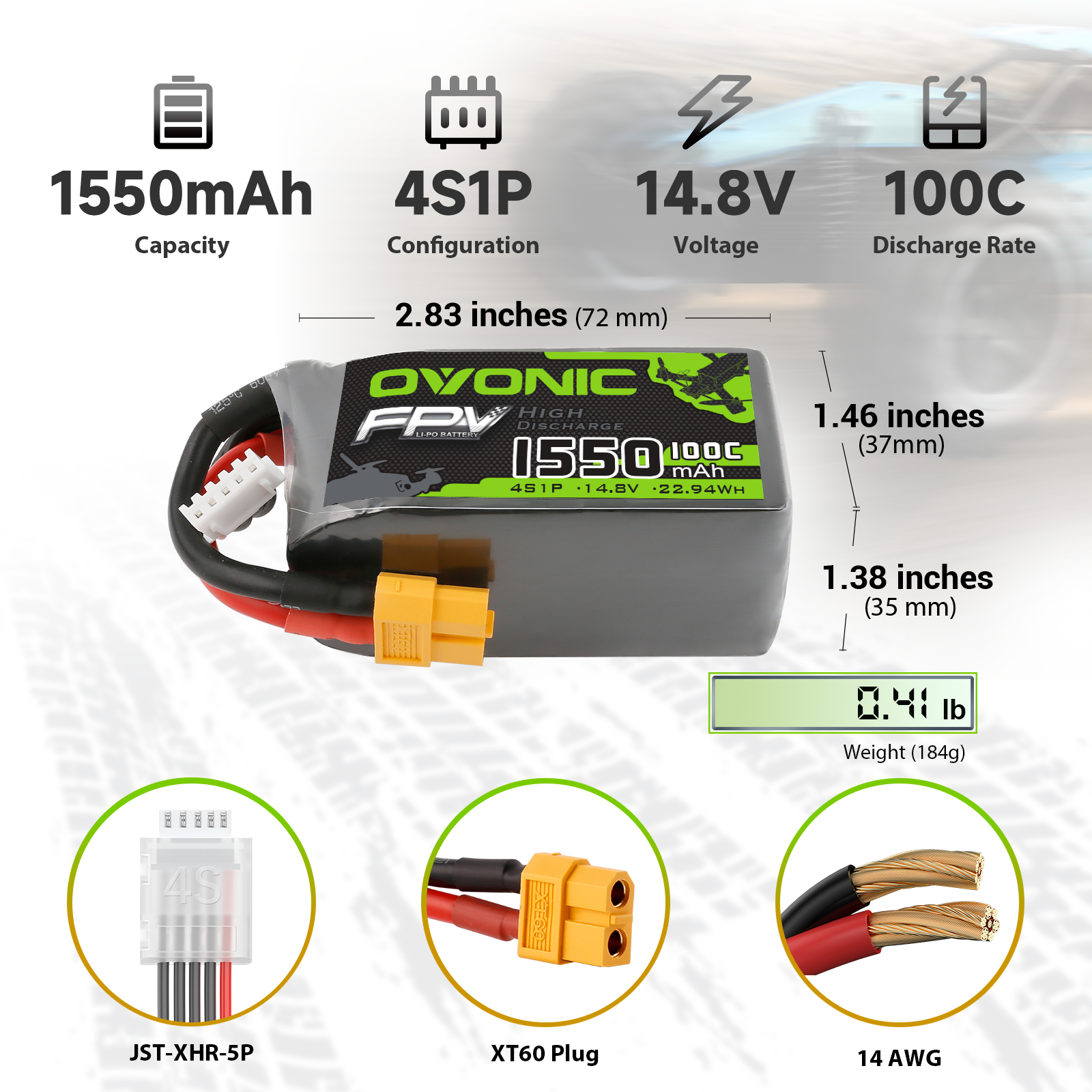 OVONIC 14.8V 1550mAh 4S 100C LiPo Battery Pack with XT60 Plug