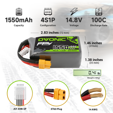 OVONIC 14.8V 1550mAh 4S 100C LiPo Battery Pack with XT60 Plug