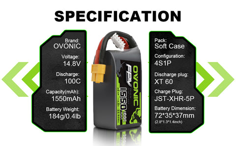 4x Ovonic 4S Lipo Battery 1550mah 4S1P 100C 14.8V Lipo Battery Pack with XT60 Plug for 5inch FPV Racing Freestyle