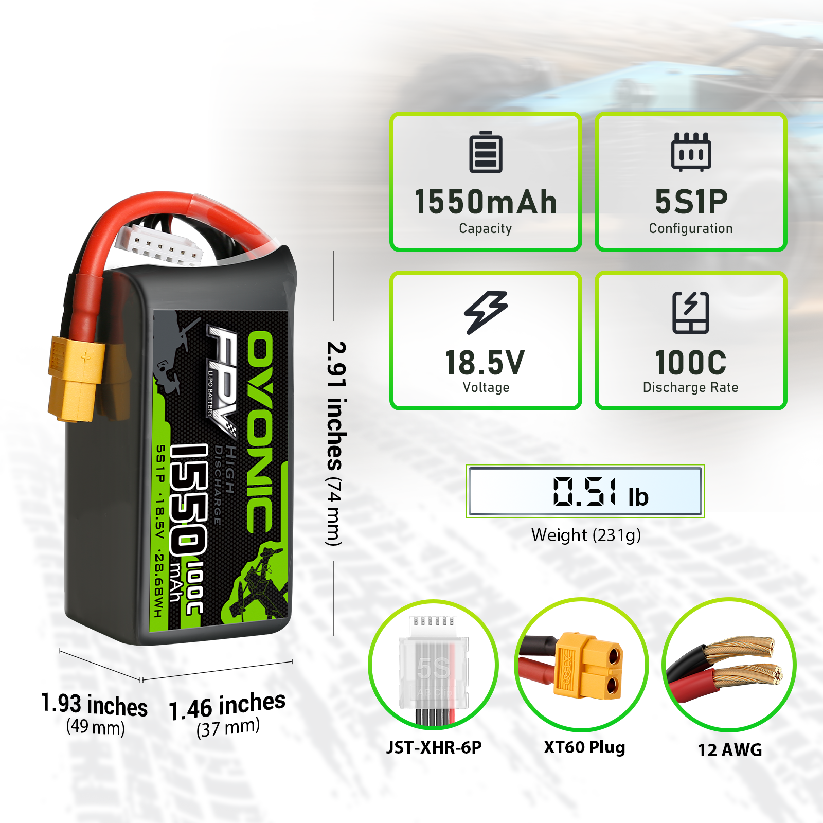 OVONIC 5S LiPo Battery Pack 1550mAh 100C 18.5V with XT60 Plug